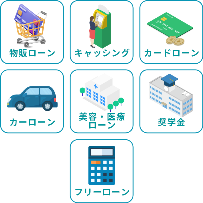 物販ローン・キャッシング・カードローン・カーローン・美容、医療ローン・奨学金・フリーローン